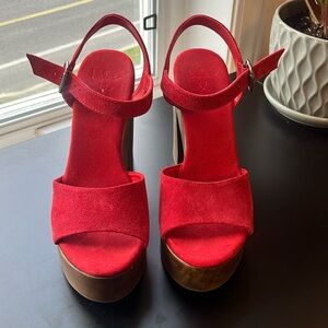 Lolita Leather Red Suede Wooden Platform Heels
